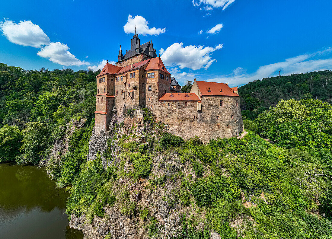 Aerial of Kriebstein Castle, on the Zschopau River, Kriebstein, Saxony, Germany, Europe\n