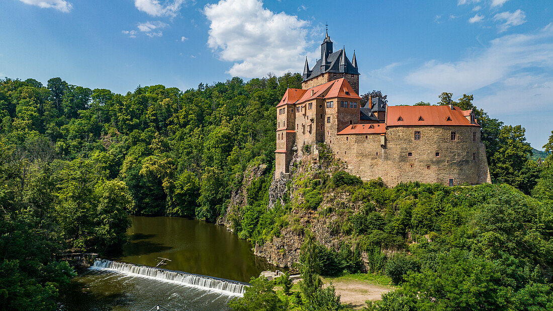 Aerial of Kriebstein Castle, on the Zschopau River, Kriebstein, Saxony, Germany, Europe\n