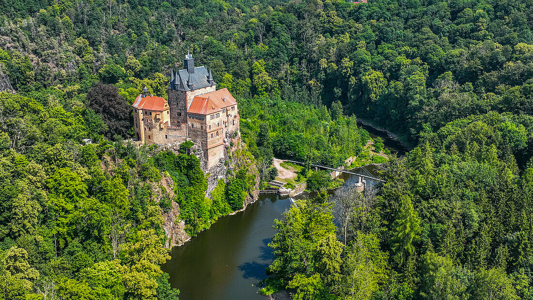 Aerial of Kriebstein Castle, on the Zschopau River, Kriebstein, Saxony, Germany, Europe\n