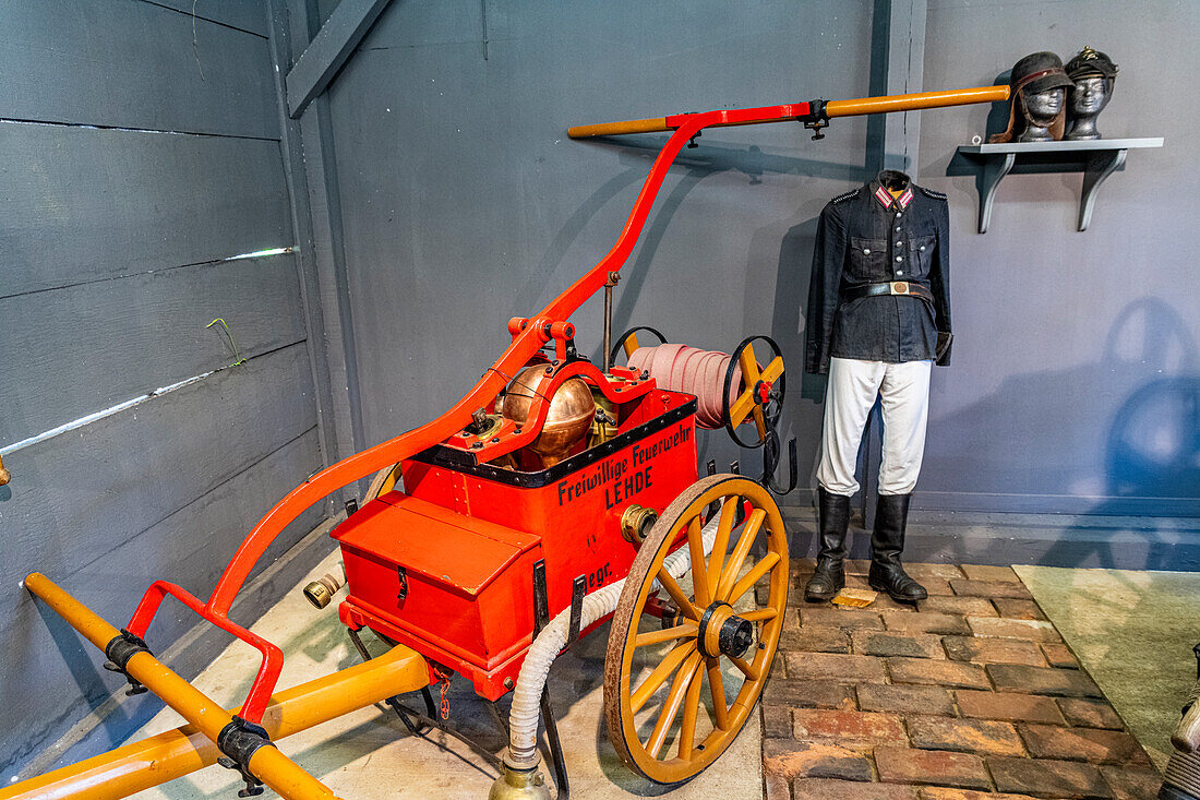 Old fire pumps in the Open Air mmuseum in Lehde, UNESCO Biosphere Reserve, Spree Forest, Brandenburg, Germany, Europe\n