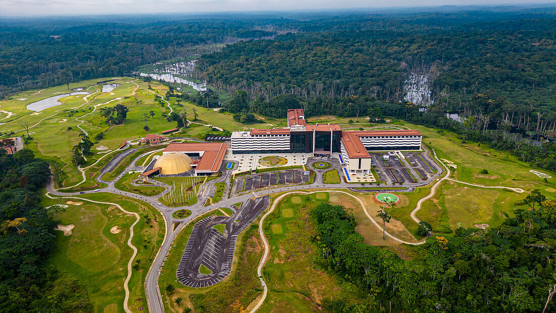 Aerial of the 5 star Djibloho Hotel in the jungle, Ciudad de la Paz, Rio Muni, Equatorial Guinea, Africa\n