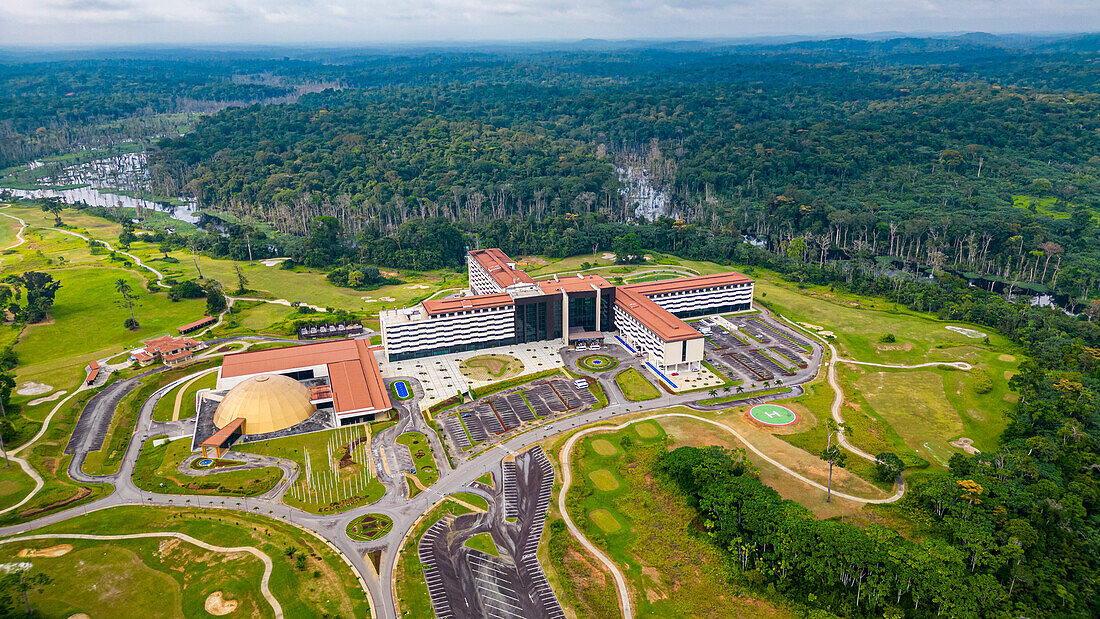 Aerial of the 5 star Djibloho Hotel in the jungle, Ciudad de la Paz, Rio Muni, Equatorial Guinea, Africa\n