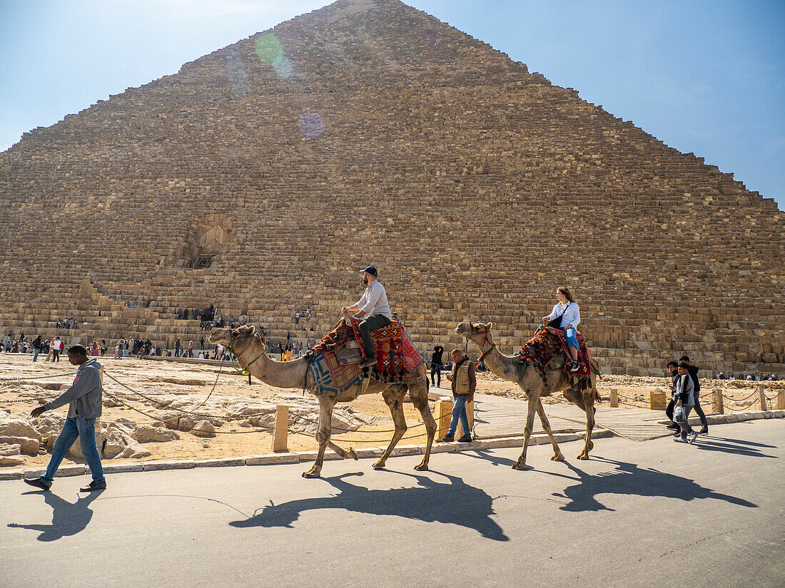 Tourist on a camel ride in front of the Great Pyramid of Giza, the oldest of the Seven Wonders of the World, UNESCO World Heritage Site, near Cairo, Egypt, North Africa, Africa\n