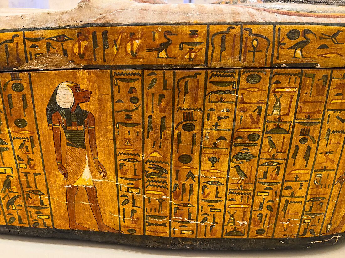 View of the remains of an ancient Egyptian Sarcophagus on display at the Egyptian Museum, Cairo, Egypt, North Africa, Africa\n