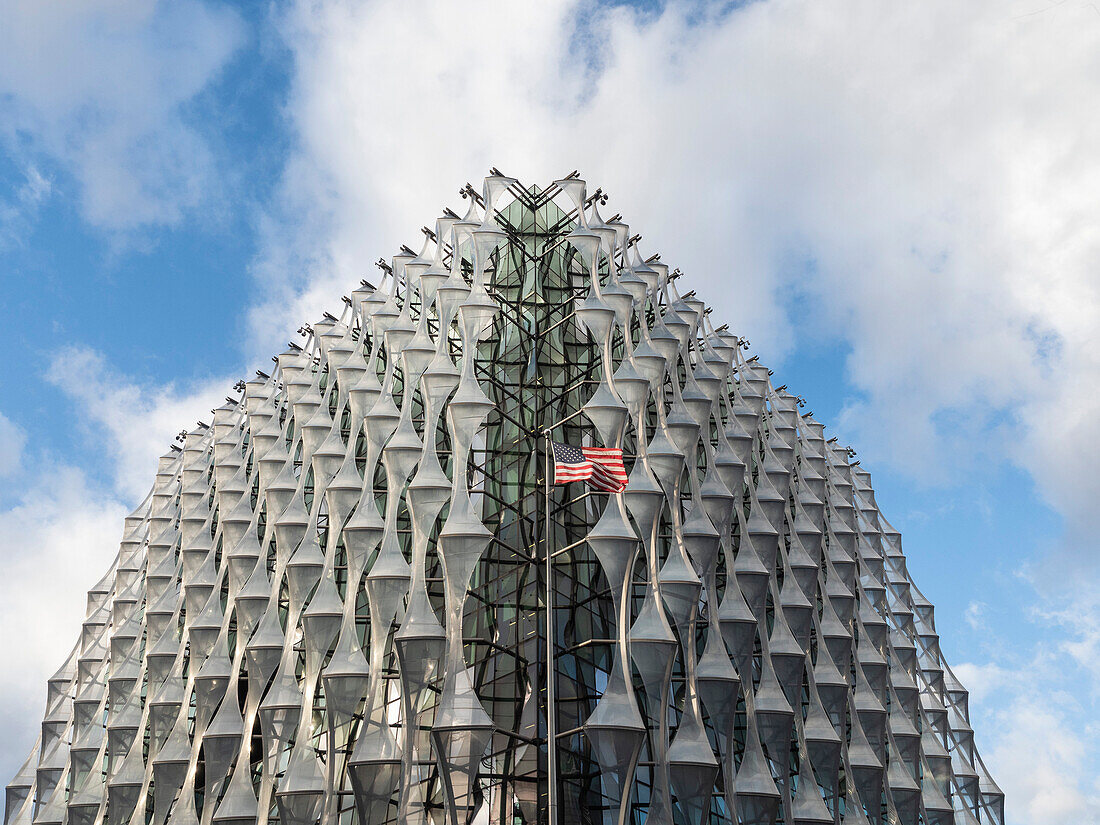 American flag flying outside the U.S. Embassy, Nine Elms, London, England, United Kingdom, Europe\n