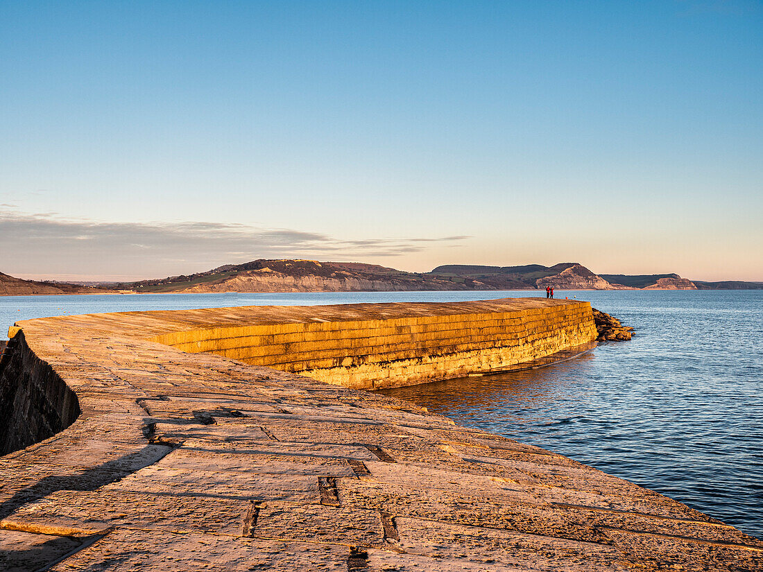 Menschen am Ende von The Cobb genießen das Abendlicht, Lyme Regis, Dorset, England, Vereinigtes Königreich, Europa