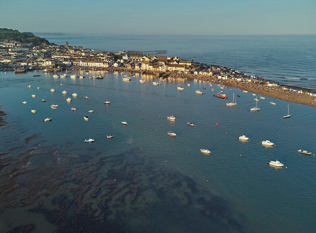 An aerial view of the town and harbour of Teignmouth, sitting in the mouth of the River Teign, south coast of Devon, England, United Kingdom, Europe\n