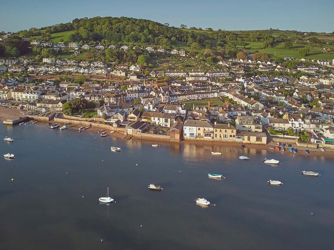 An aerial view of Shaldon, a popular village on the shore of the estuary of the River Teign, near Teignmouth, on the south coast of Devon, England, United Kingdom, Europe\n
