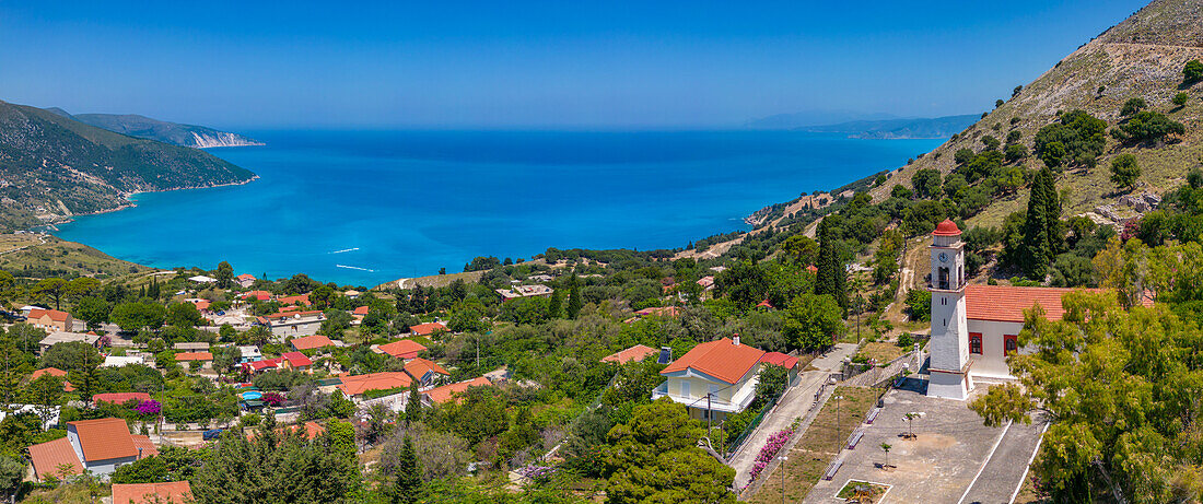 Aerial view of coastline near Zola, Kefalonia, Ionian Islands, Greek Islands, Greece, Europe\n