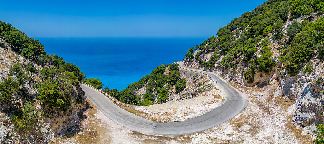 Aerial view of coastline near Zola, Kefalonia, Ionian Islands, Greek Islands, Greece, Europe\n