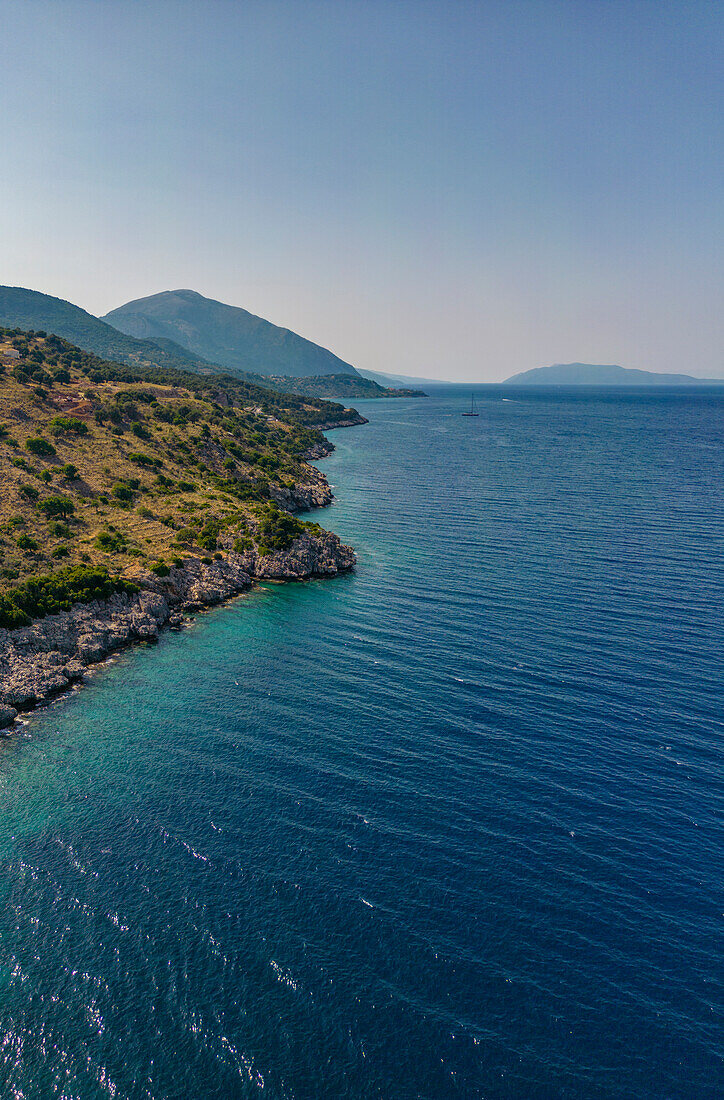 Aerial view of coastline near Zola, Kefalonia, Ionian Islands, Greek Islands, Greece, Europe\n