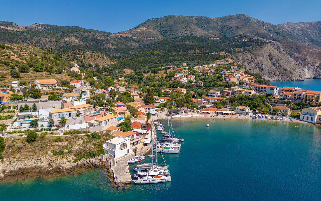 Aerial view of coastline near Zola, Kefalonia, Ionian Islands, Greek Islands, Greece, Europe\n