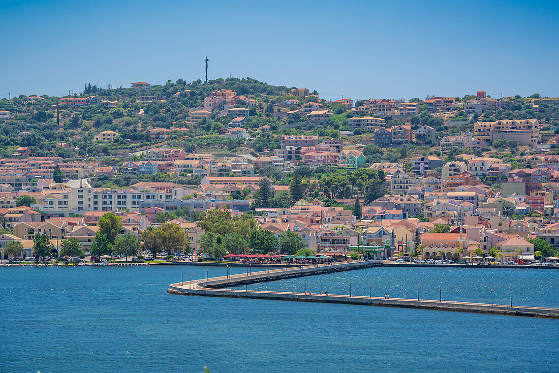 View of Argostoli and De Bosset Bridge, capital of Cephalonia, Kefalonia, Ionian Islands, Greek Islands, Greece, Europe\n