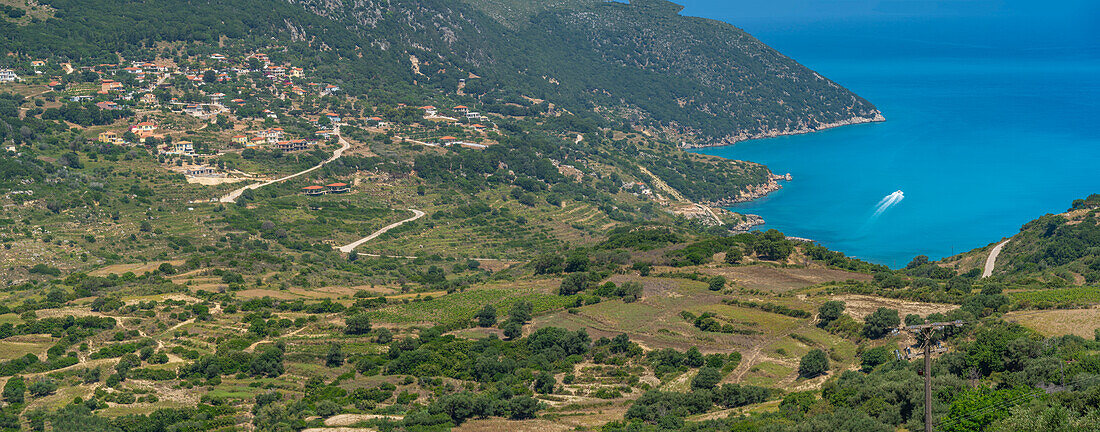 View of coastline, sea and hills near Agkonas, Kefalonia, Ionian Islands, Greek Islands, Greece, Europe\n