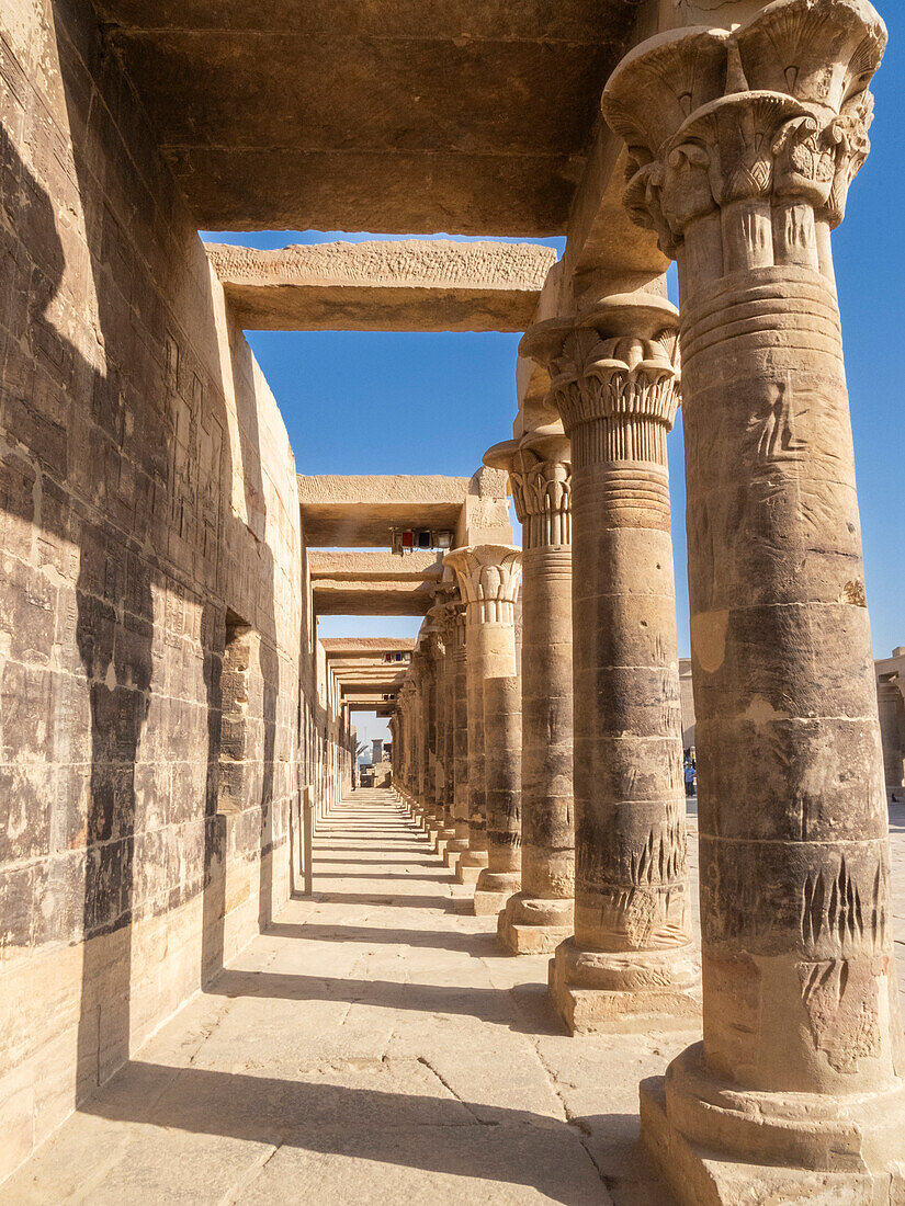 Columns at the Philae temple complex, The Temple of Isis, currently on the island of Agilkia, UNESCO World Heritage Site, Egypt, North Africa, Africa\n