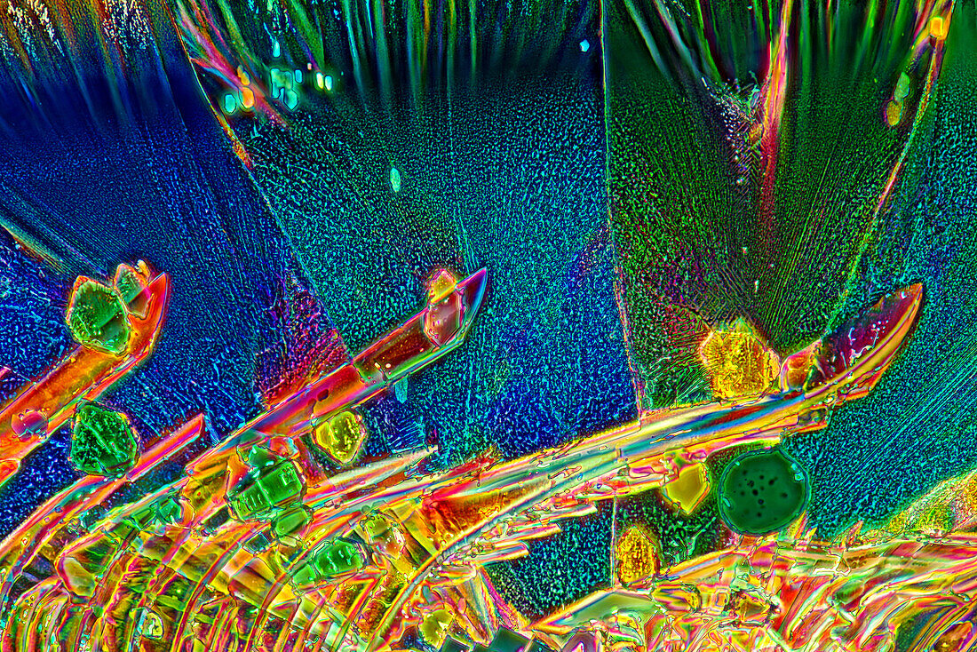 The image presents crystallized mixture of urea and resorcinol, photographed through the microscope in polarized light at a magnification of 100X\n