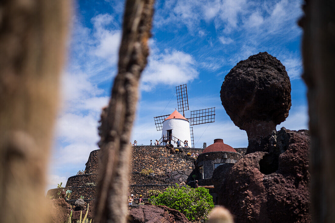 Der Jardin de Cactus (Kaktusgarten) ist ein wunderbares Beispiel für einen in die Landschaft integrierten architektonischen Eingriff, entworfen von Cesar Manrique auf Lanzarote, Kanarische Inseln, Spanien