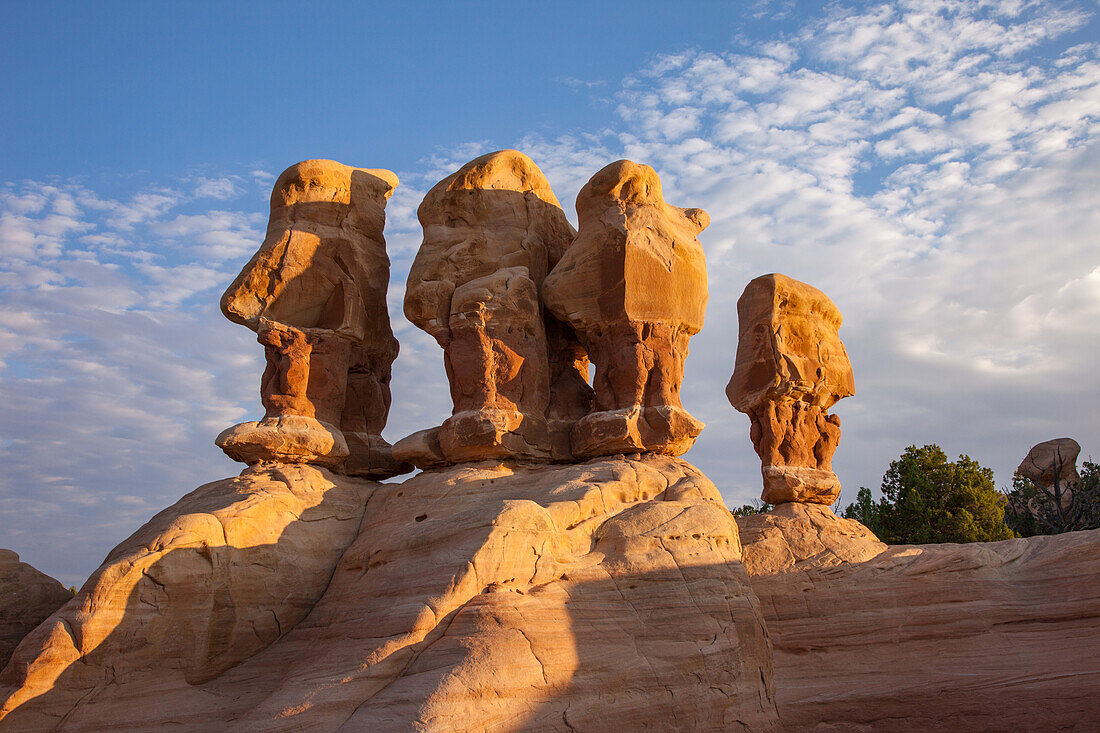 Sandstone hoodoo rock formations in the Devil's Garden in the Grand Staircase-Escalante National Monument in Utah.\n