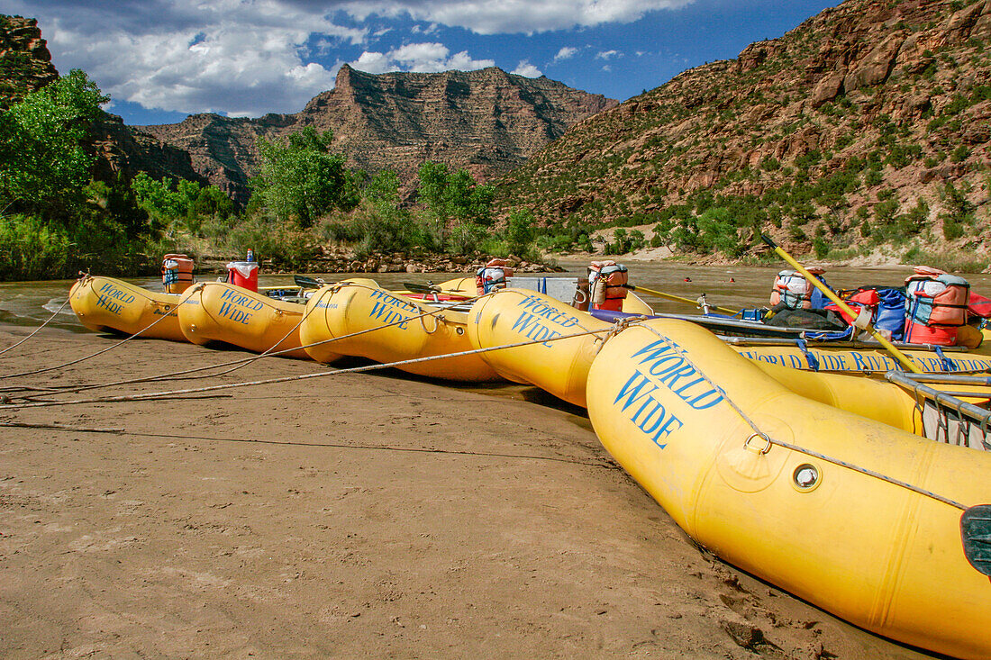 White water rafts tied up on shore in Desolation Canyon, Utah.\n