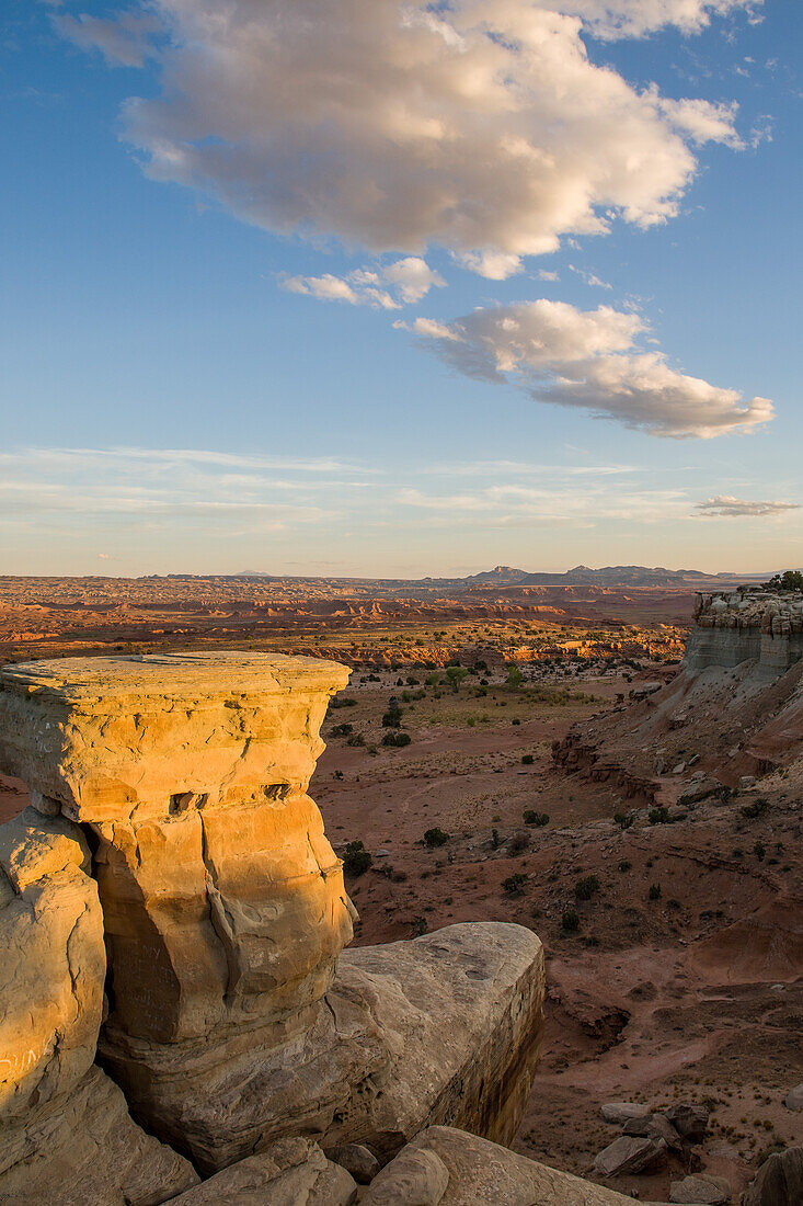 Sunset overlooking Salt Wash from the Salt Wash View Area on I-70 in south-central Utah.\n