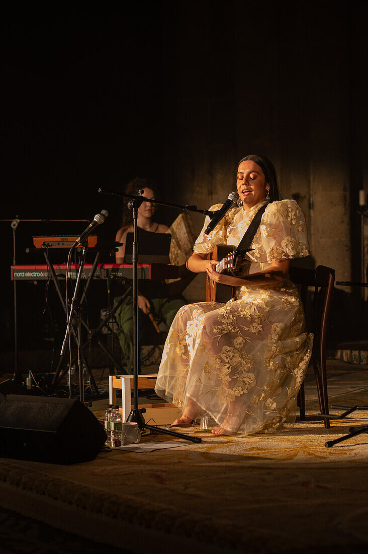 Spanish singer-songwriter Valeria Castro, one of the promising women that have emerged in recent years in the Spanish folklore scene, performs in Veruela Summer Festival 2023, Zaragoza, Spain\n