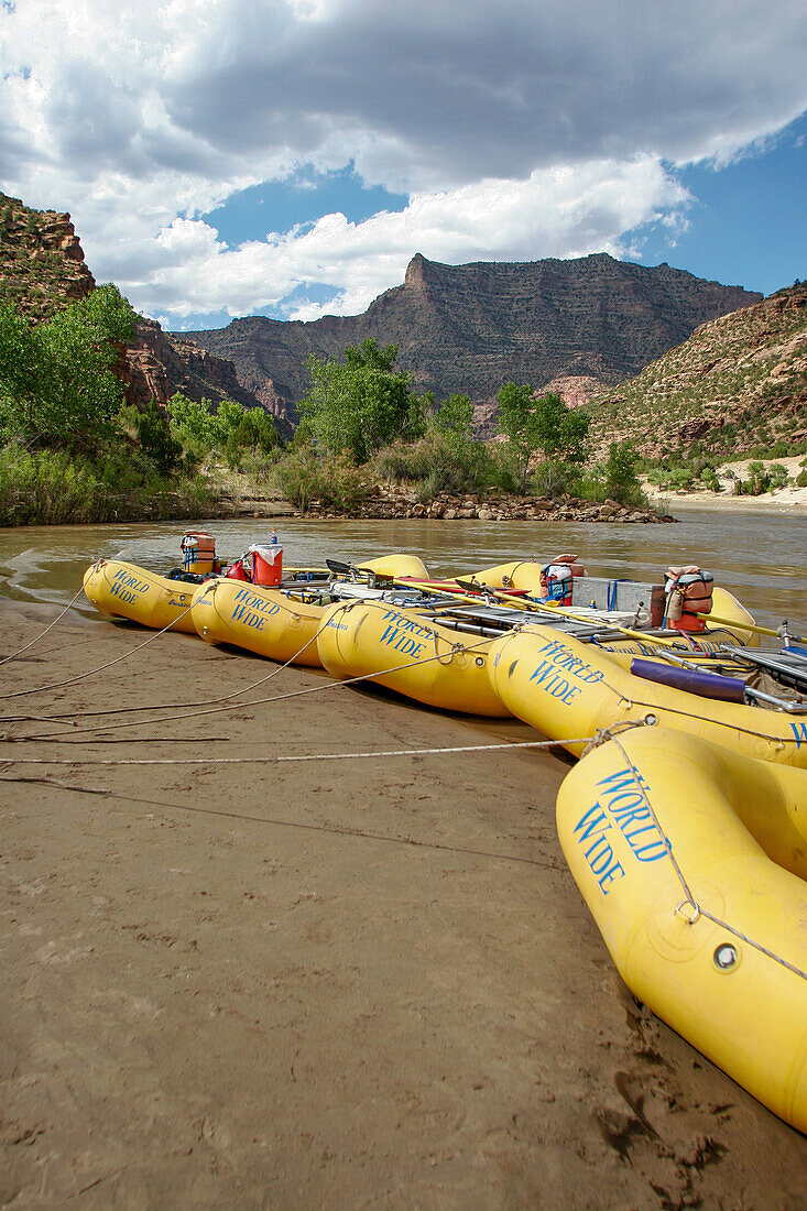 White water rafts tied up on shore in Desolation Canyon, Utah.\n