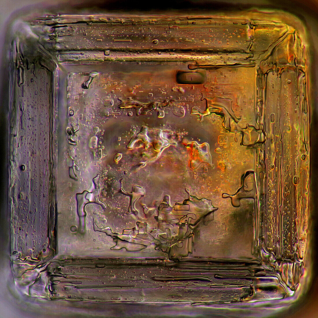 The image presents a single crystal crystallized salt, photographed through the microscope in polarized light at a magnification of 100X\n