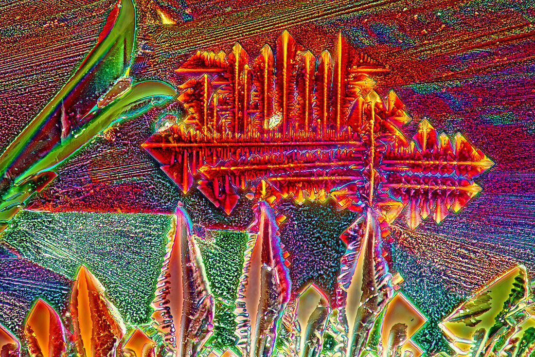 Das Bild zeigt ein kristallisiertes Gemisch aus Harnstoff und Resorcin, fotografiert durch das Mikroskop in polarisiertem Licht bei einer Vergrößerung von 100X