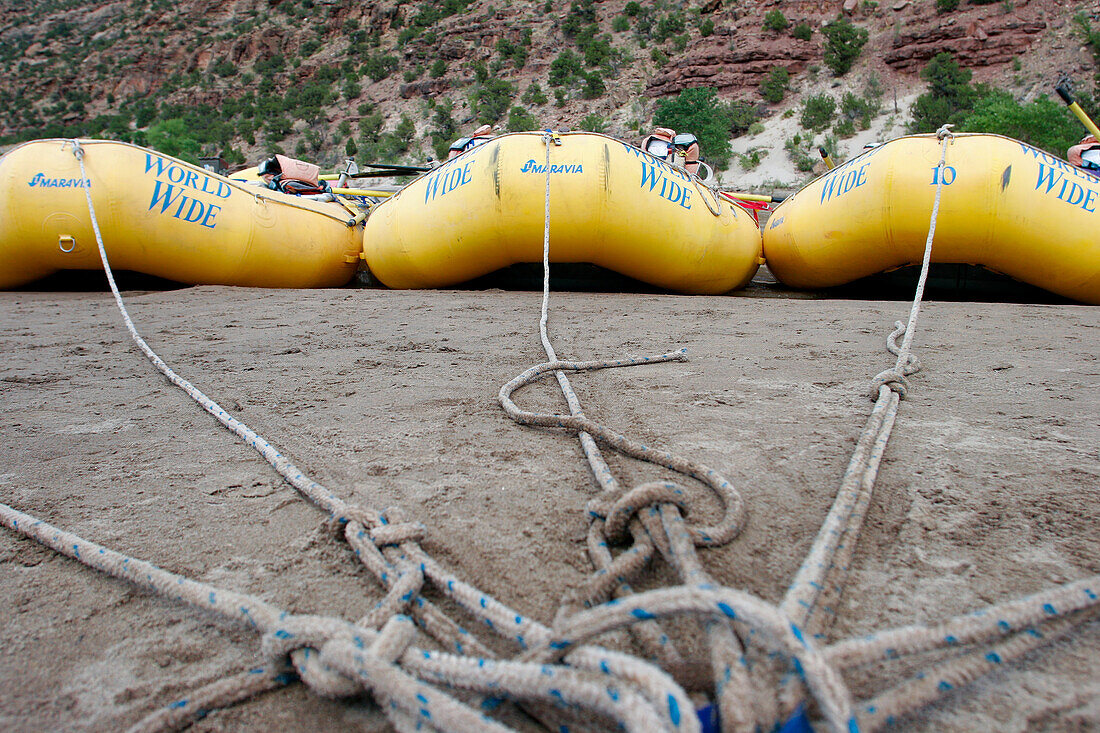 Wildwasserflöße am Ufer des Desolation Canyon, Utah.