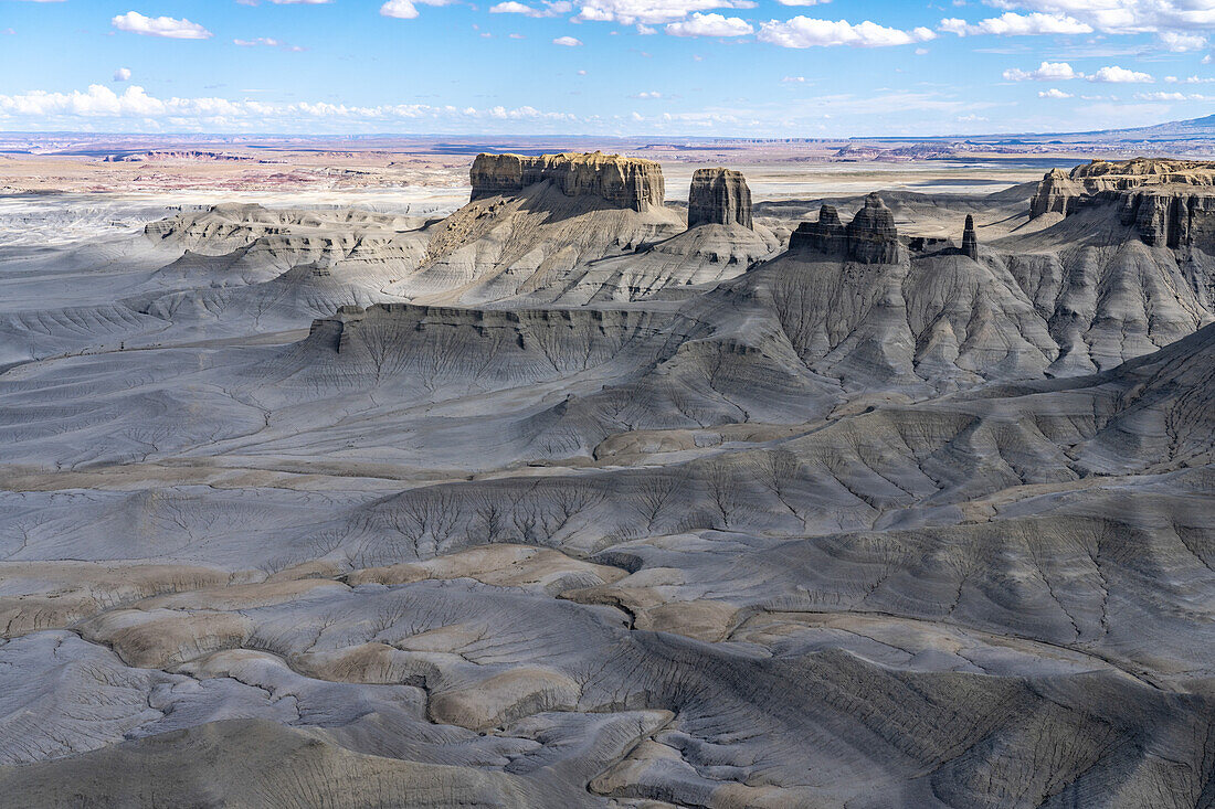 A view of the barren Moonscape below the Skyline Rim Overlook or Moonscape Overlook near Hanksville, Utah.\n