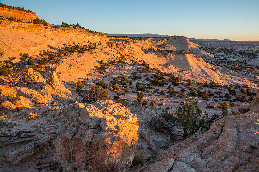 Sonnenaufgangslicht auf Navajo-Sandstein unterhalb des Head of the Rocks-Gebietes im Grand Staircase-Escalante National Monument, Utah.