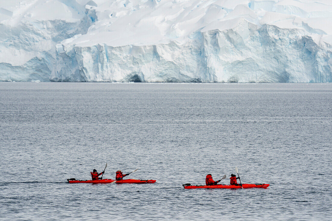 Tourists kayaking at Damoy Point, Wiencke Island, Antarctica.\n