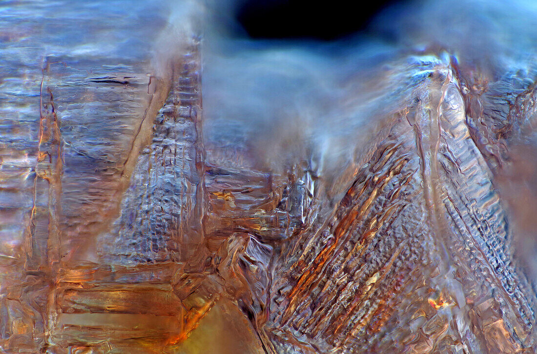 The image presents crystallized mixture of kitchen salt and erythritol, photographed through the microscope in polarized light at a magnification of 100X\n