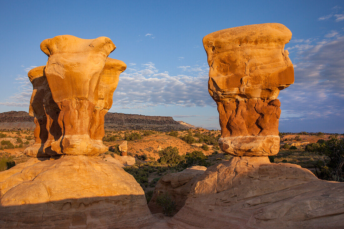 Sandstone hoodoo rock formations in the Devil's Garden in the Grand Staircase-Escalante National Monument in Utah.\n