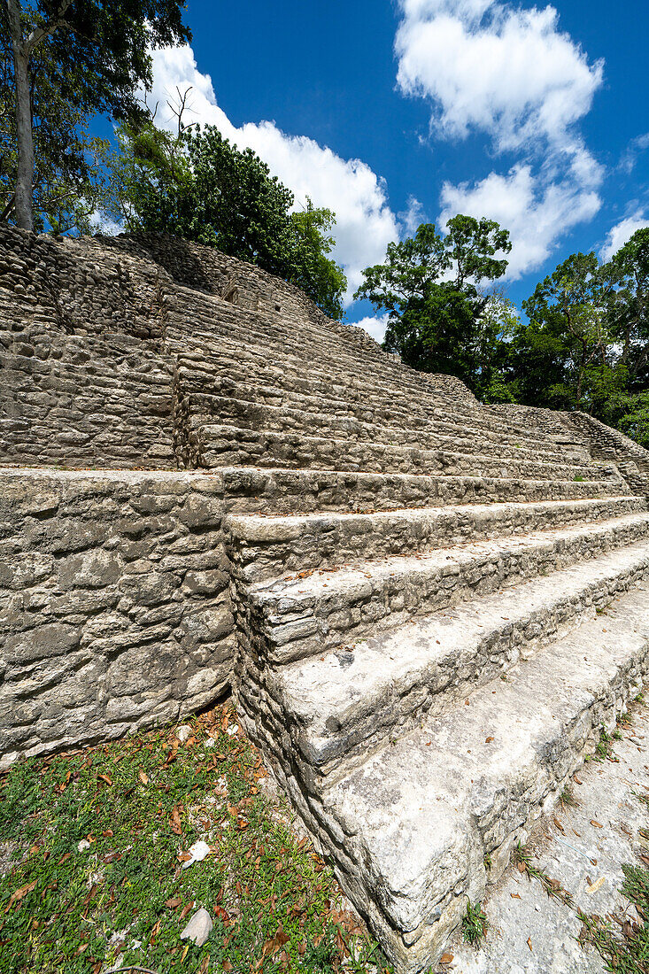 Steep stairs of Pyramid / Structure B1 on Plaza B in the Mayan ruins in the Cahal Pech Archeological Reserve, San Ignacio, Belize.\n