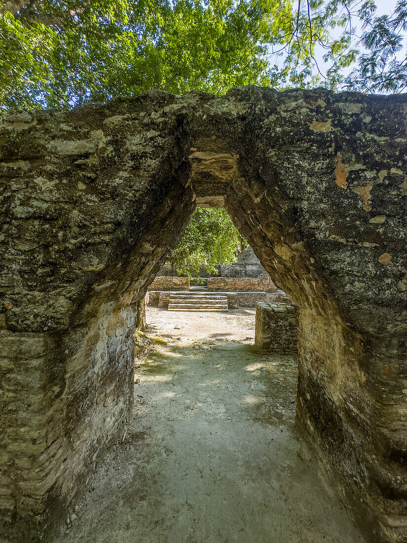 Kragsteinbogen-Tor zur Plaza E, der königlichen Residenz in den Maya-Ruinen im archäologischen Reservat Cahal Pech, San Ignacio, Belize.