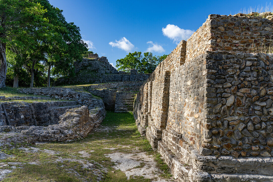 The back side of Structure A2 with Temple / Structure A1 behind in the Altun Ha Archeological Reserve, Belize.\n