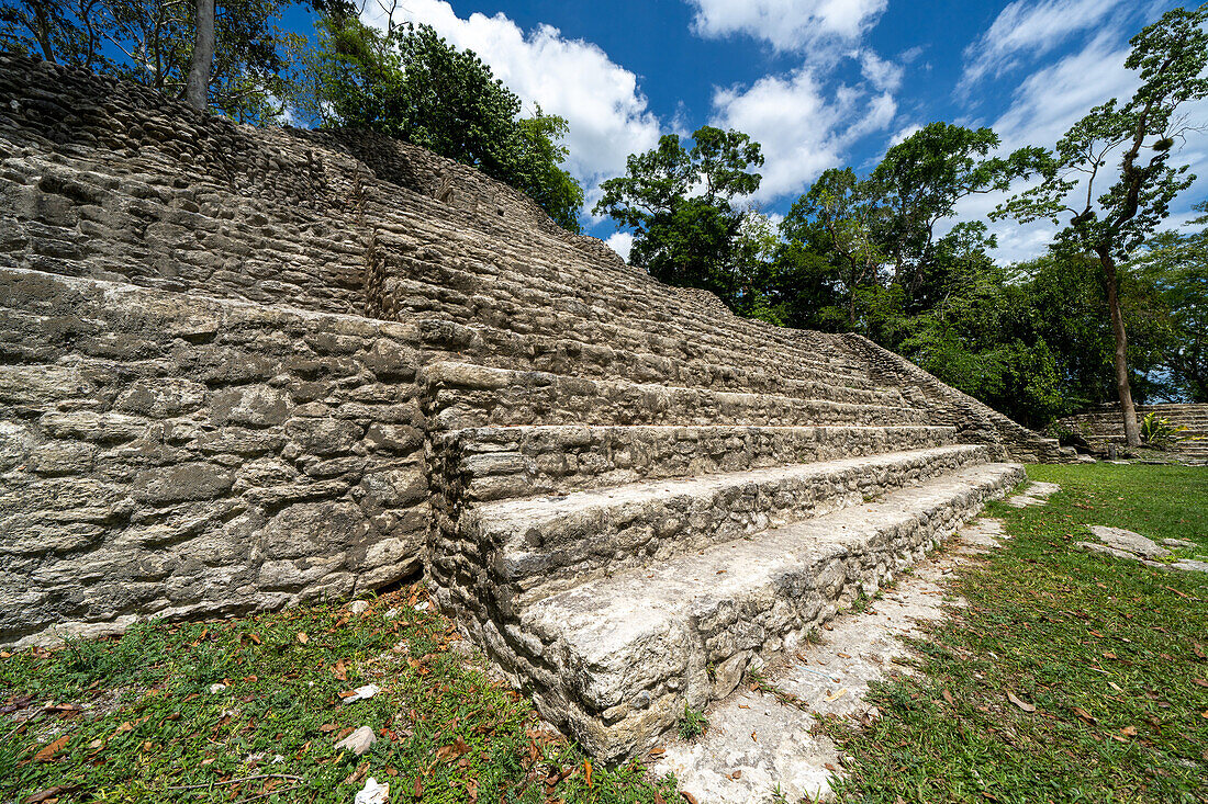 Steep stairs of Pyramid / Structure B1 on Plaza B in the Mayan ruins in the Cahal Pech Archeological Reserve, San Ignacio, Belize.\n