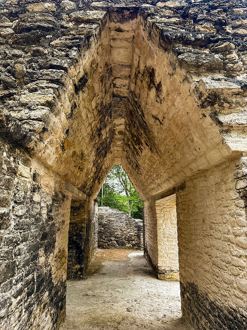 A corbel arch or corbel vault in Structure A2 in the Mayan ruins in the Cahal Pech Archeological Reserve, Belize.\n