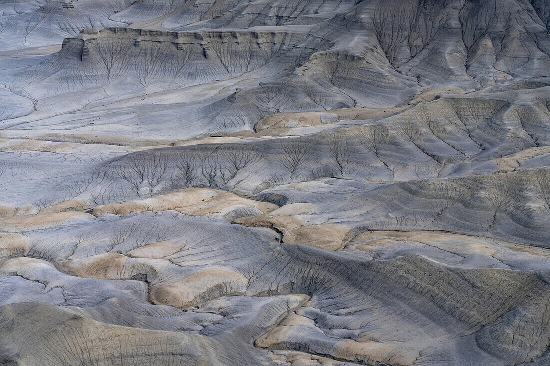 A view of the barren Moonscape below the Skyline Rim Overlook or Moonscape Overlook near Hanksville, Utah.\n