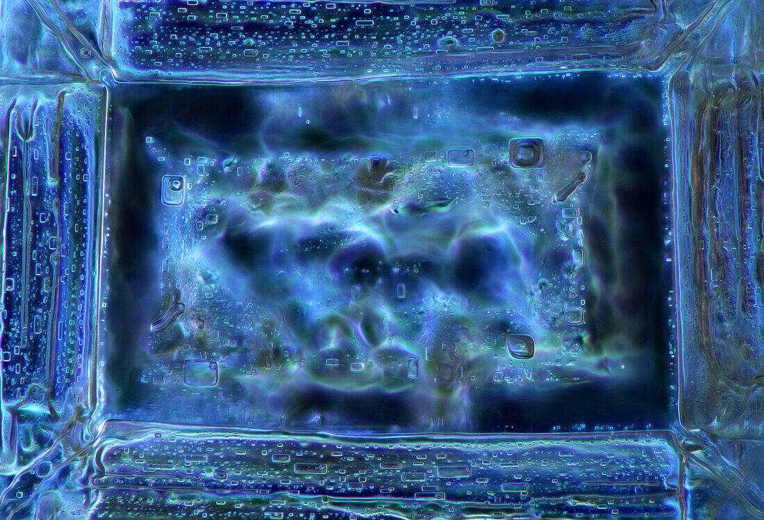 Das Bild zeigt einen Einkristall aus rekristallisiertem Salz, fotografiert durch das Mikroskop in polarisiertem Licht bei 100facher Vergrößerung
