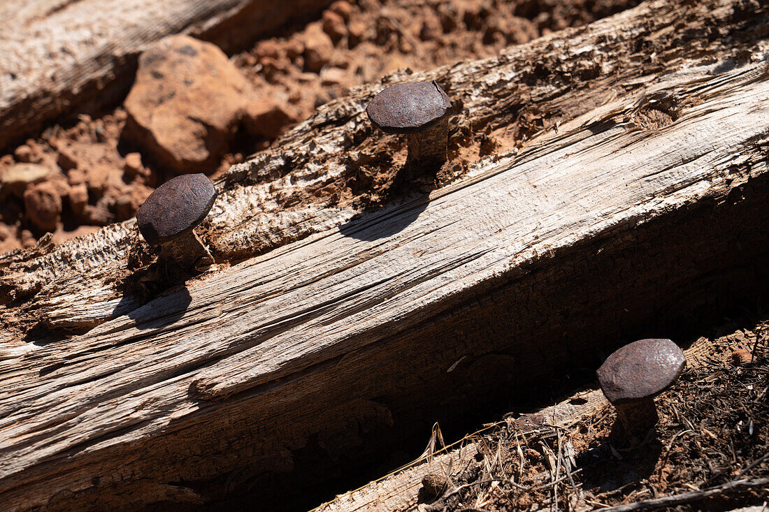 Old spikes in the weathered mine car rail cross ties at the site of the former Big Buck uranium mine near La Sal, Utah.\n