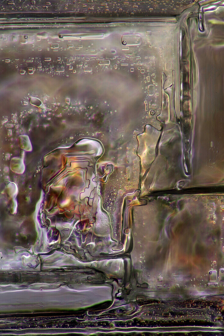 Das Bild zeigt rekristallisiertes Salz, fotografiert durch das Mikroskop in polarisiertem Licht bei einer Vergrößerung von 100X