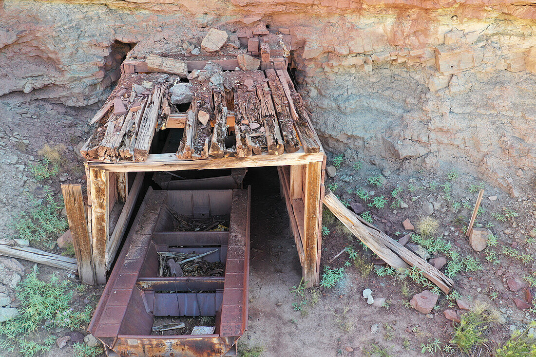 Ore skips in the adit of the abandoned Mi Vida Mine in Steen Canyon near La Sal, Utah. Site of the first big uranium strike in the U.S.\n
