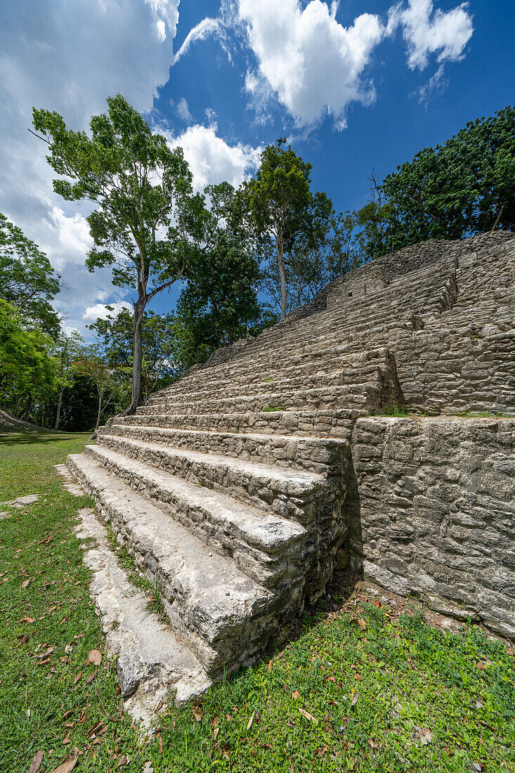 Steep stairs of Pyramid / Structure B1 on Plaza B in the Mayan ruins in the Cahal Pech Archeological Reserve, San Ignacio, Belize.\n