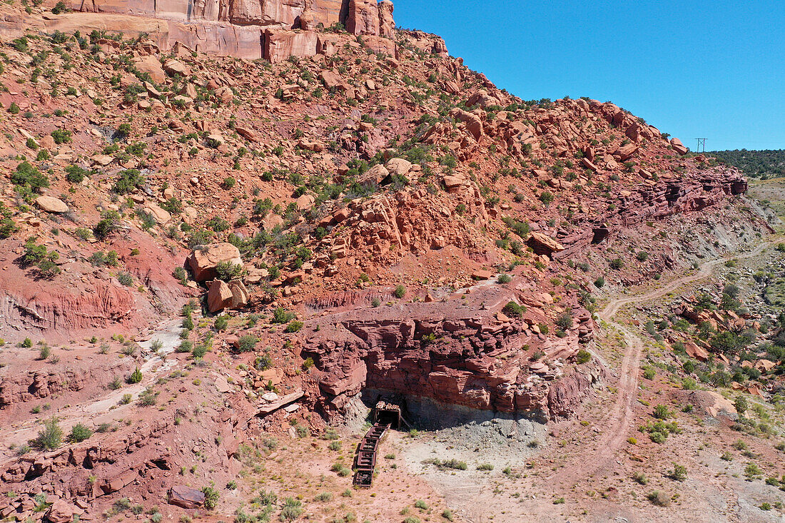 Ore skips in the adit of the abandoned Mi Vida Mine in Steen Canyon near La Sal, Utah. Site of the first big uranium strike in the U.S.\n