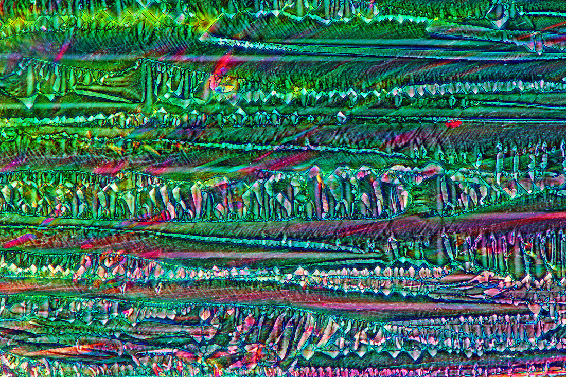Das Bild zeigt ein kristallisiertes Gemisch von Harnstoff und Resorcin, aufgenommen durch das Mikroskop in polarisiertem Licht bei einer Vergrösserung von 100X