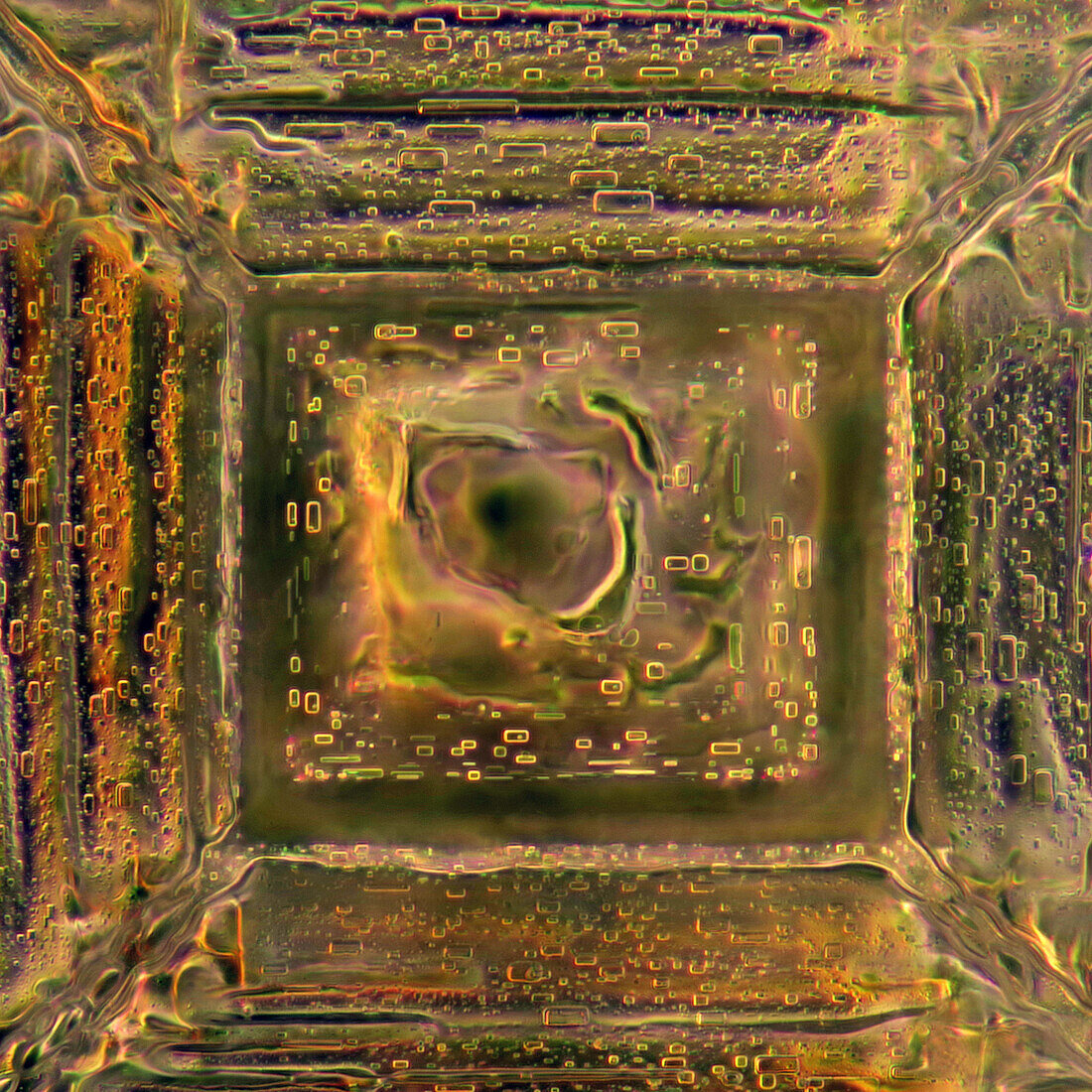 Das Bild zeigt einen Einkristall aus rekristallisiertem Salz, fotografiert durch das Mikroskop in polarisiertem Licht bei 100-facher Vergrößerung