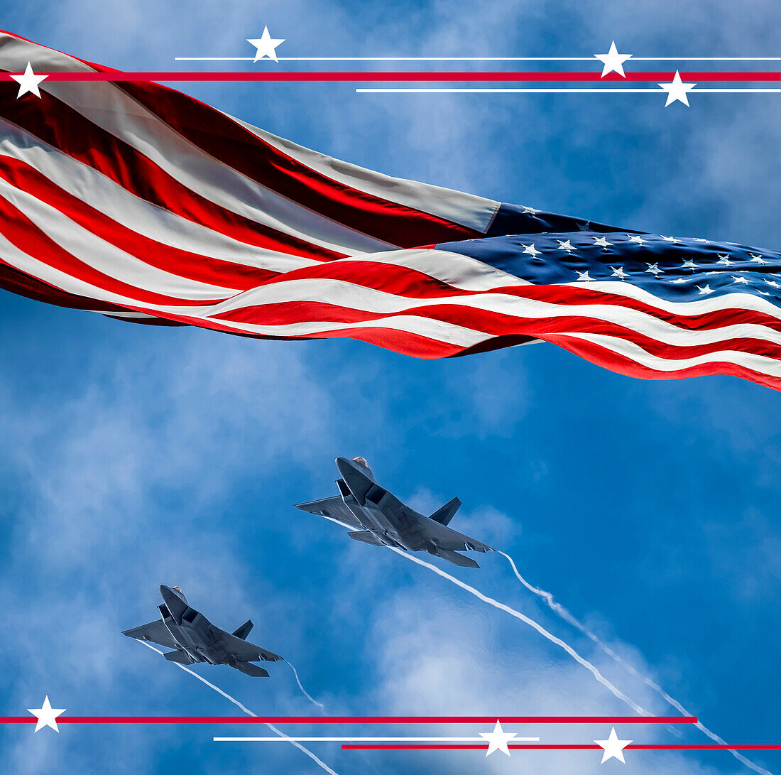 Two jet fighters and American flag against sky\n