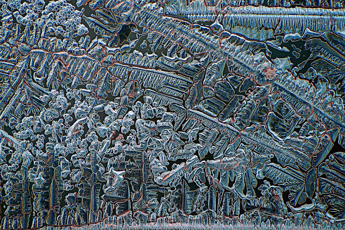 Das Bild zeigt kristallisiertes Ammoniumchlorid, fotografiert durch das Mikroskop in polarisiertem Licht bei einer Vergrößerung von 100X